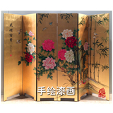 中式古典花开富贵牡丹竹手绘漆画屏风酒店隔断彩绘背景墙装饰壁画