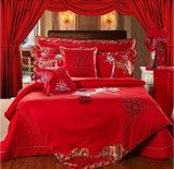 恋人水星婚庆四件套大红结婚六八十件套纯棉刺绣多件套床上用品