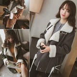 韩版冬季2015新款时尚欧美风麂皮加厚加绒羊羔毛大翻领短外套女潮