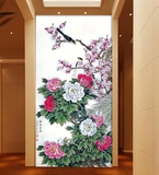 玄关牡丹3D壁画楼梯转角墙画餐厅壁纸3D立体无纺布墙纸中式花卉