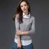 2016春新款华哥弟情女装韩版套头假两件针织衫衬衫领修身长袖上衣