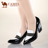 camel骆驼正品女单鞋时尚欧美风新款尖头牛漆皮拼色舒适高跟女鞋