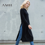 Amii[极简主义]2016秋新品纯色修身显瘦圆领开衩大码中长款毛衣女