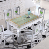 欧式白绿色黄玉大理石餐桌椅组合 长方形木质烤漆餐桌一桌4椅6椅
