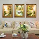 欧式油画风景美式手绘三联天鹅湖沙发背景墙装饰画竖版客厅玄关