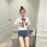 夏季新款韩版女装可爱卡通兔子修身短袖上衣系带宽松休闲T恤+P87