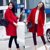 高圆圆明星同款韩版红色中长款加厚毛呢外套宽松羊绒呢子大衣女潮