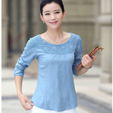 秋季女式长袖t恤宽松中年30-40岁大码韩版女人的体恤衫蕾丝上衣
