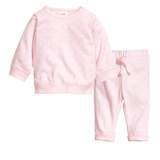 HM女童女宝宝婴儿春秋季粉色纯棉圆点卫衣外套长裤套装外贸原单