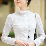 2016秋装新款立领白色长袖打底衫上衣韩版蕾丝衫时尚气质衬衣女