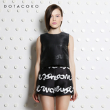 Dotacoko2015女装秋冬新品长条字母印花背心短款修身圆领拉链上衣