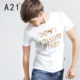 A21男装修身圆领男士t恤 短袖夏季时尚简约白色字母印花半袖衣服