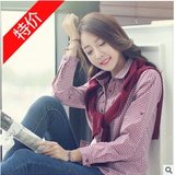 2016秋装新款正品长袖衬衫韩版女装纯棉格子修身大码打底衬衣