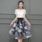 2016夏季女连衣裙新款韩版欧根纱修身中长款套装裙两件套大码套装
