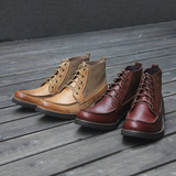 英伦风男士工装靴马丁靴牛仔靴 手工缝纫短筒拼接系带 牛皮靴子