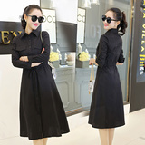 韩版春季高端大气优雅时尚纯黑色长袖连衣裙女装 依诺 YN6660