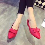 2016春季新款韩版蝴蝶结尖头粗跟低跟红色婚鞋低帮名媛女单鞋鞋子