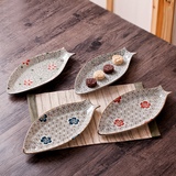 日式和风釉下彩手绘创意鱼形鱼盘12/16英寸 陶瓷家用菜盘蒸鱼盘子