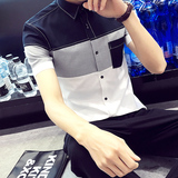 夏季青年男士短袖衬衫韩版大码修身衬衣男青少年拼接商务休闲衣服