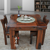 古船木茶桌 仿古小型茶几方形圆形小功夫桌子简约靠椅