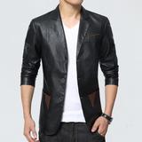 秋季男士商务韩版青年休闲修身长袖短款真皮皮衣夹克纯色薄款外套