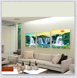 客厅现代装饰画大型山水无框水晶画三联画沙发背景壁画瀑布风景画