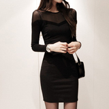 2016韩版春装网纱修身显瘦性感包臀黑色上衣打底衫中长款T恤女潮