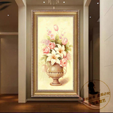 欧式简约3D立体玄关壁纸壁画走廊过道墙纸装饰画竖版花瓶花卉油画
