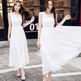 2016夏季新款圆领短袖白色中长款雪纺连衣裙修身仙女气质沙滩长裙