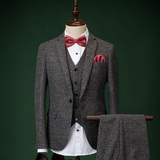 韩版西新郎时尚英伦风休闲西服专柜复古格子修身男士西装三件套装