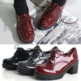 韩国进口女鞋代购2016春装新系带英伦风复古厚底中跟漆皮及踝单鞋