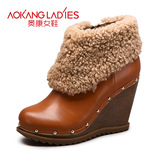 【半】奥康女鞋冬季热卖韩版超高坡跟软面圆头短筒优雅保暖骑士靴