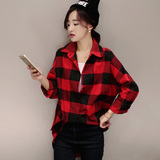 2016春秋韩国新款长袖衬衣女韩版中长款修身显瘦复古格子衬衫外套