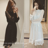 2016春季韩国SZ代购单排扣圆领系带蕾丝中长款假两件连衣裙女装