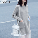 Amii女款春新款中长款长袖圆领韩版潮流时尚宽松下摆开叉外穿毛衣