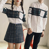 韩版时尚情侣装修身长袖衬衫 复古拼接格子衬衣男女潮