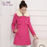 灵诺秋冬新款韩版时尚毛领中长款甜美修身羊毛呢外套呢大衣女
