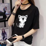 夏韩版短袖t恤女宽松大码女装新款时尚卡通小猫印花休闲体恤上衣