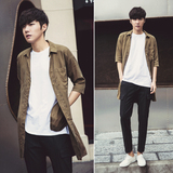 2016秋季新款韩版男装中长款衬衫男潮五分袖修身衬衫外套时尚开衫