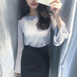 夏季新款韩版宽松圆领长袖T恤罩衫 韩国百搭显瘦纯色上衣女学生潮