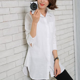 2016春款新品韩版女装宽松中长款白长袖衬衫女 棉麻打底衬衣寸衫