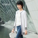 Amii[极简主义]2016秋新款撞色条纹中长款毛衣针织开衫女11672866