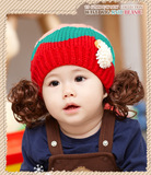 韩版婴儿宝宝新款带假发帽子花朵儿童毛线帽子针织假发帽儿童帽子