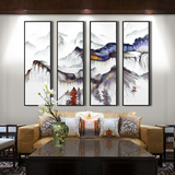 现代新中式山水四联大尺寸装饰画样板房客厅玄关大幅简约软装国画