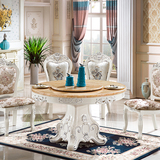 欧式餐桌大理石圆桌餐桌椅组合简约现代实木雕花饭桌描银法式餐台