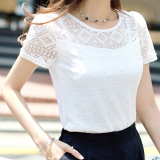 2016夏装新款韩版打底上衣修身白色圆领短袖镂空蕾丝雪纺衫T恤女