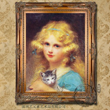 艺元素手绘人物油画 欧式别墅酒店装饰画达芬奇 抱猫的小女孩