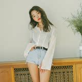 韩国Stylenanda代购正品白色透视喇叭袖衬衫女夏长袖宽松显瘦百搭