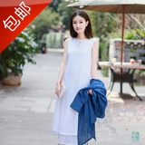 夏款原创设计复古民族风女装白色中国风连衣裙中长款文艺范背心裙