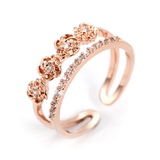 925纯银镀18k玫瑰金双排钻石日韩国版时尚戒指食指彩金开口女指环